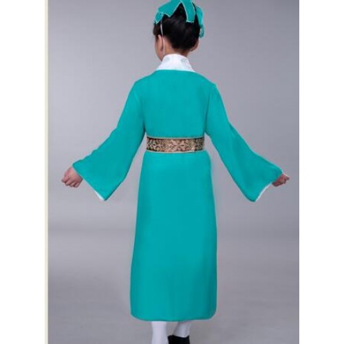 Children chinese folk dance costumes ancient traditional fairy hanfu green colored Confucius school performance robes dress